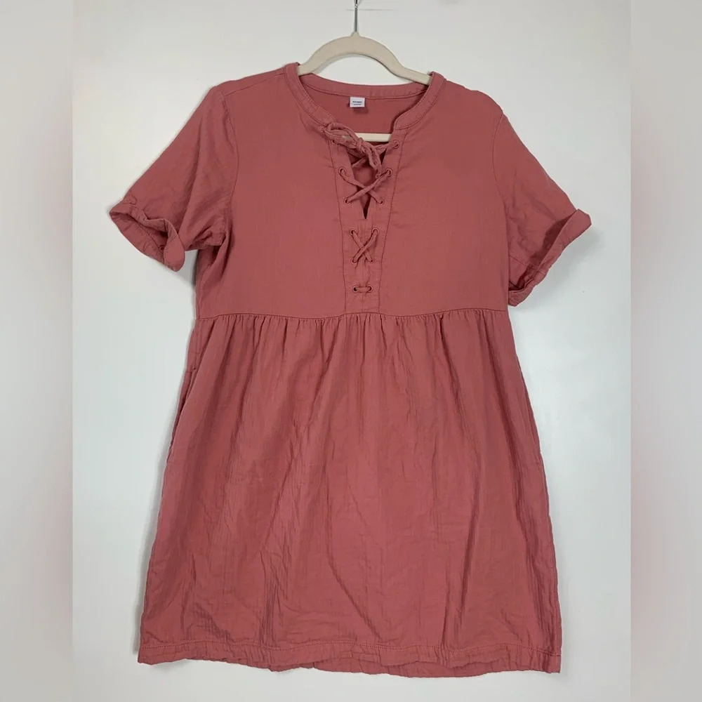 Old  Navy Lace-Up Twill Shift Dress Pink Women’s Sz Med Cottagecore 100% Cotton